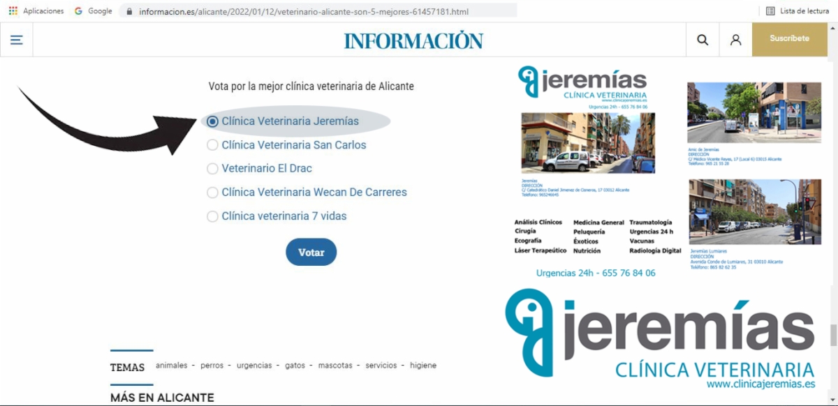 Jeremías nombrada como una de las 5 mejores clínicas veterinaria de Alicante